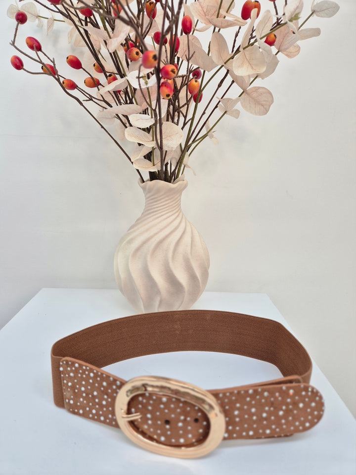 Stretchy Crystal Belt - Tan - (One Size, fits from Size 8 to Size 16)