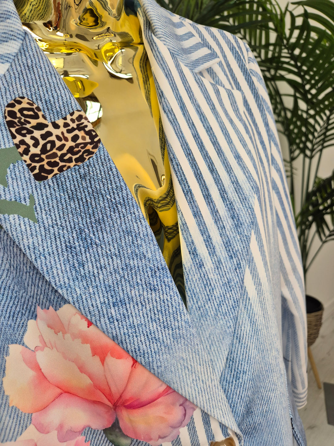 Pin Stripe Floral Blazer - Blue/White