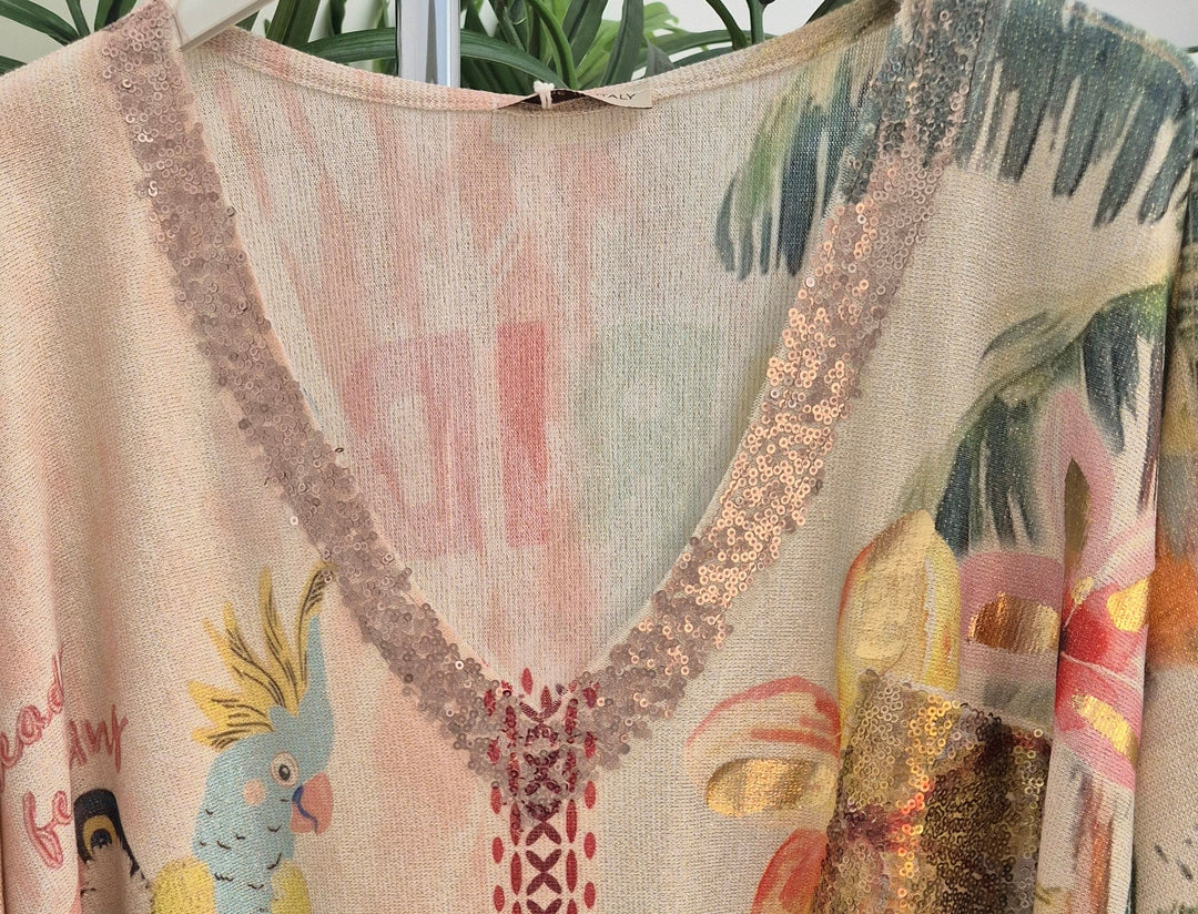 Carla Shimmer Oversized Top -  TROPICAL with Gold Foil & Sequins (One Size/Curvy fitting from Size 14/16 up to Size 20/22)