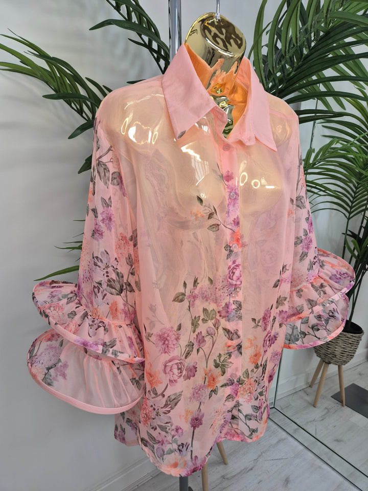 Alba Floral Chiffon Double Fluted Sleeve Blouse - (choose your Colour) - (Oversized)