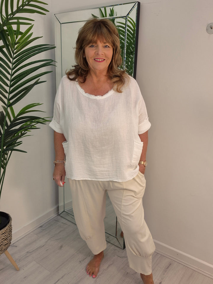 Hopsack Frayed Top - White (Oversized)