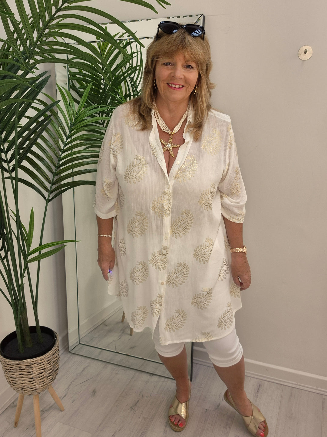 Ibiza Paisley Shirt Dress - White/Gold (Loose Fit)