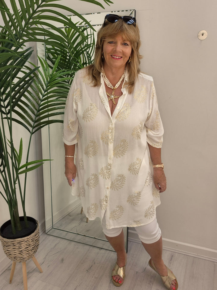 Ibiza Paisley Shirt Dress - White/Gold (Loose Fit)