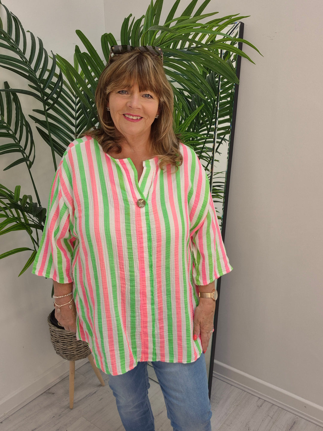 Candy Striped Hi Lo Top - Lime/Pink/White (Oversized)