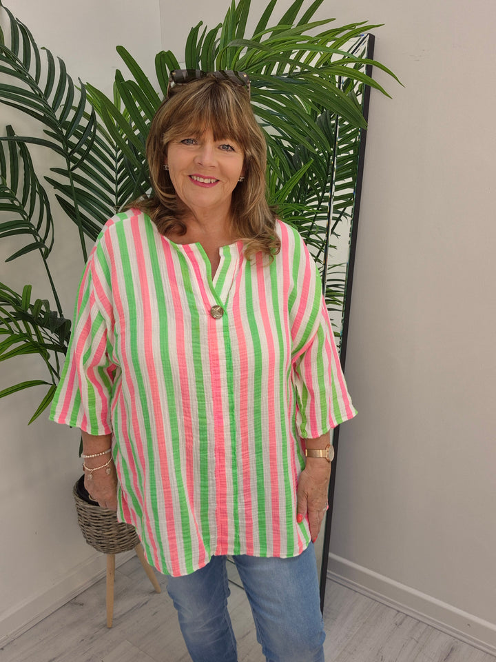 Candy Striped Hi Lo Top - Lime/Pink/White (Oversized)