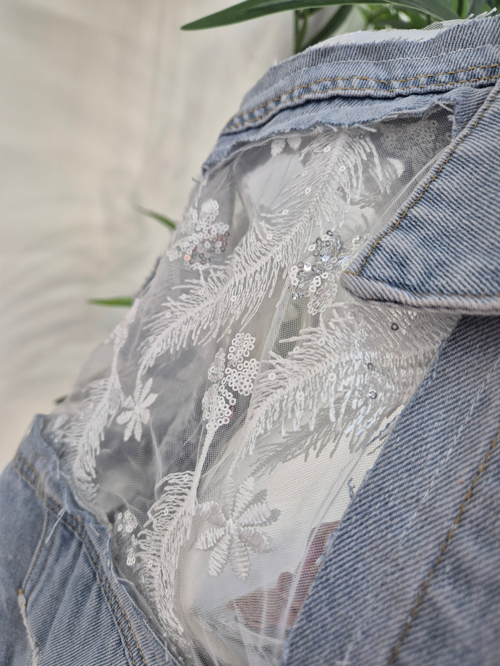 Angelina Denim Jacket with Sequins, Embroidered Feathers & Florals - (One Size - fitting Size 10 to Size 16)