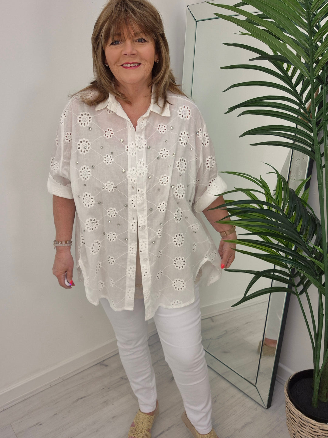 Zeta Otto Broderie Anglaise Blouse with Crystals - White (Oversized)