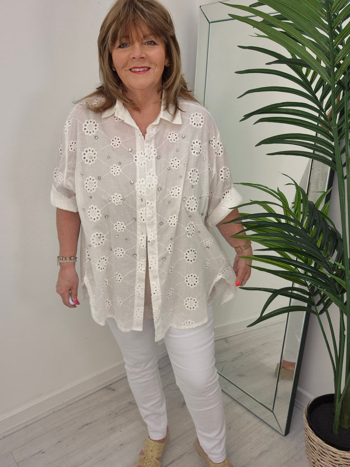 Zeta Otto Broderie Anglaise Blouse with Crystals - White (Oversized)