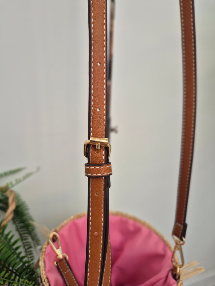 Sequin Straw Bag with Long Adjustable Strap - Pink Multi Sequins