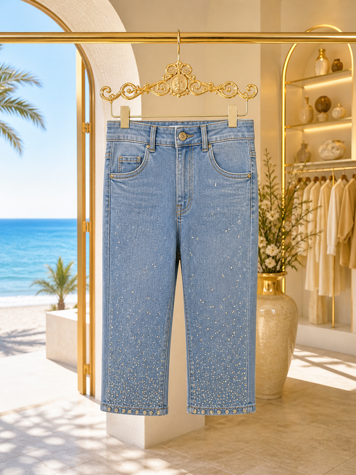 Crystal Diamantes Denim Stretchy 3/4 Length Shorts - Stonewashed Denim - (choose your Size)