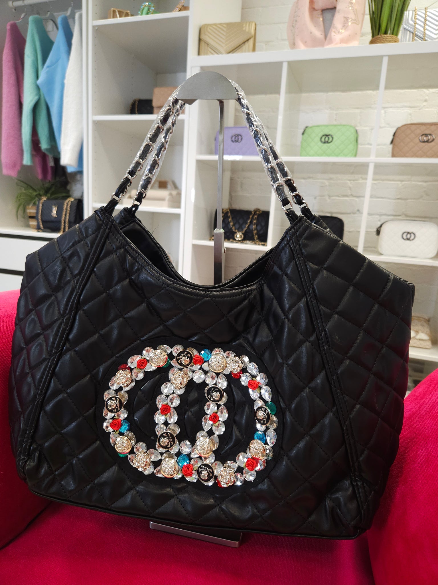 CoCo Crystal Quilted Tote Bag - Black