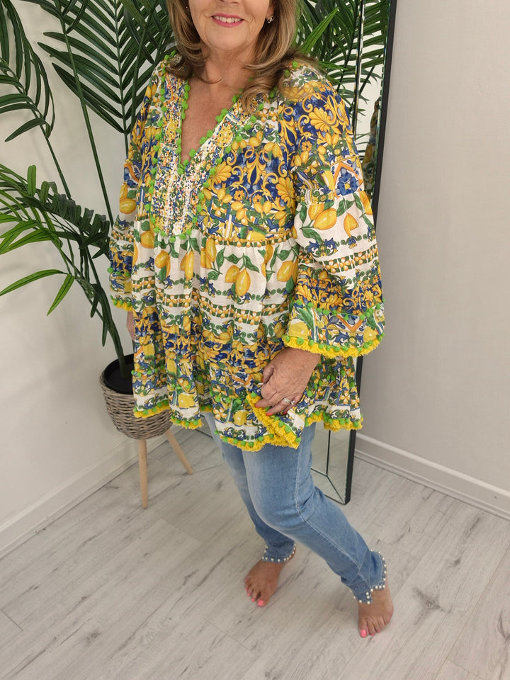 Santorini Beaded Tunic Top - Lemon & Lime