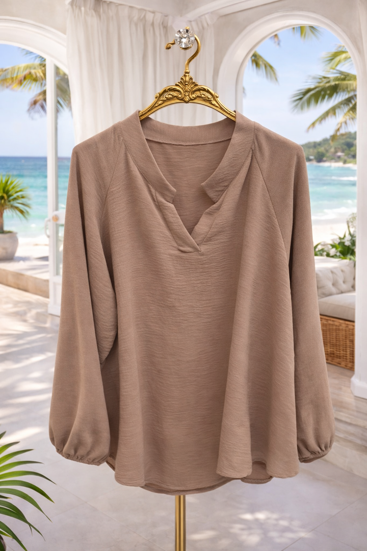 Mandy Mandarin Collar Blouse - Coffee (One Size/Curvy - fitting from Size 16 up to Size 20)