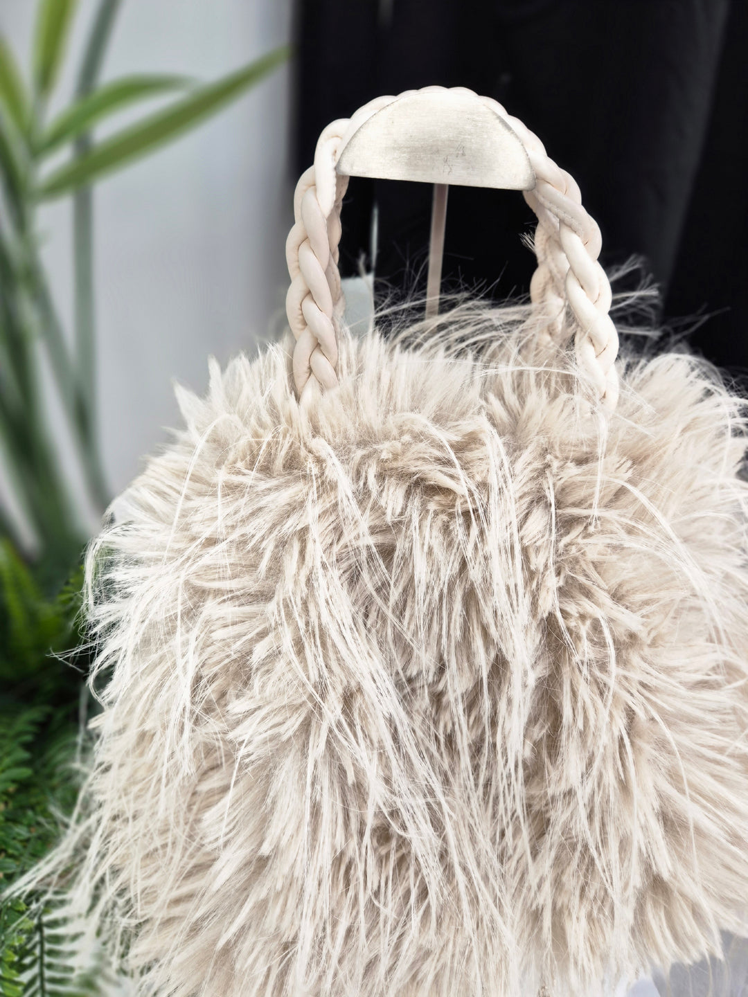 Oslo Faux Fur Shaggy Bag with Dual Handles & Chain Strap - Cream