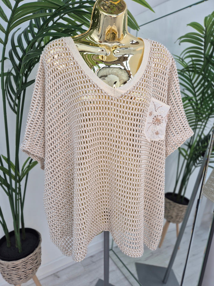 Anna Beaded Crochet Metallic Mesh Top - (choose your Colour) (Curvy)