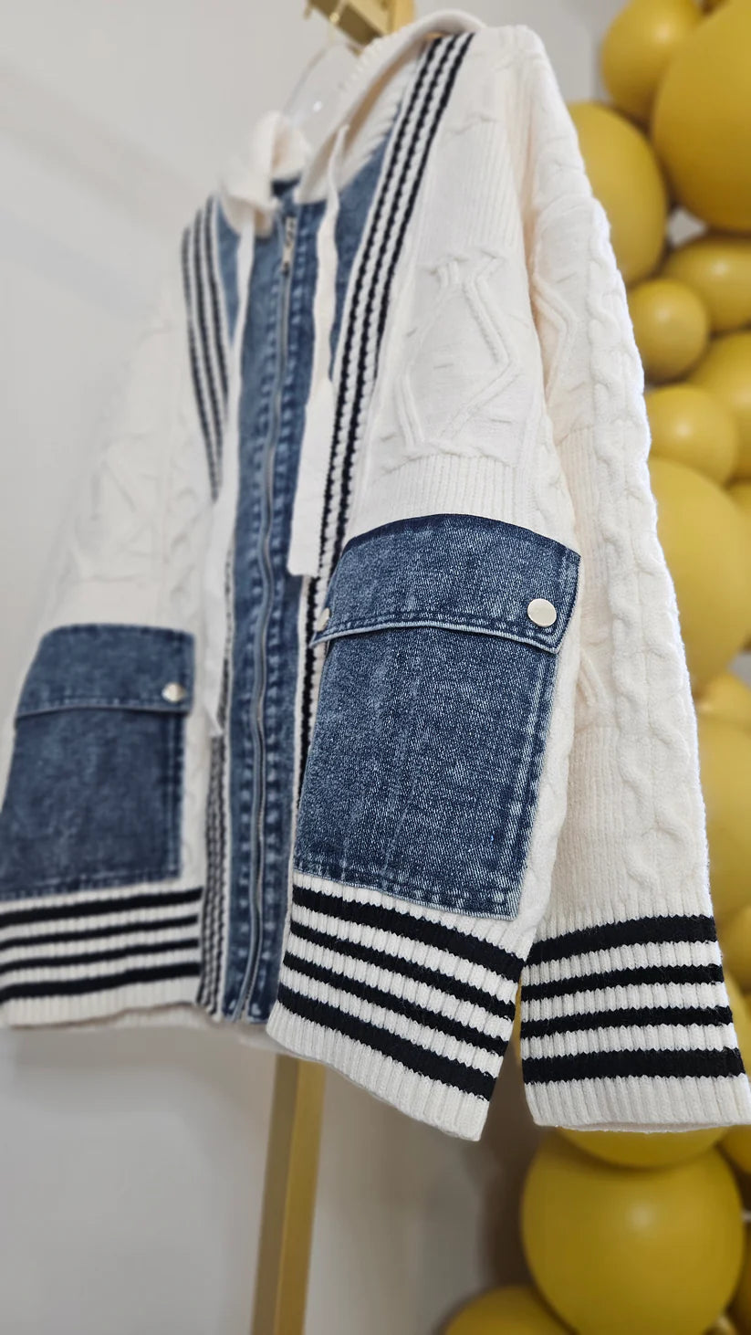 Callie Cable Hoodie with Denim - One Size - fits from Size 12 up to Size 18