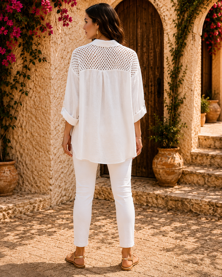 Amalfi Linen & Crochet Shirt with Crystal Sparkly Buttons - (One Size/Curvy fitting from Size 14 up to Size 18) - White