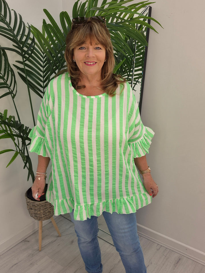 Candy Striped Top with Frilled Sleeves - (choose your Colour) - (Oversized)