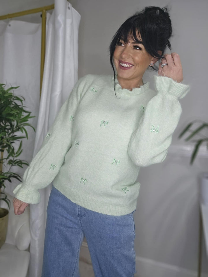 Bonnie Crystal Bow Jumper with Ruffles - (One Size from Size 8 up to Size 16) - Lime