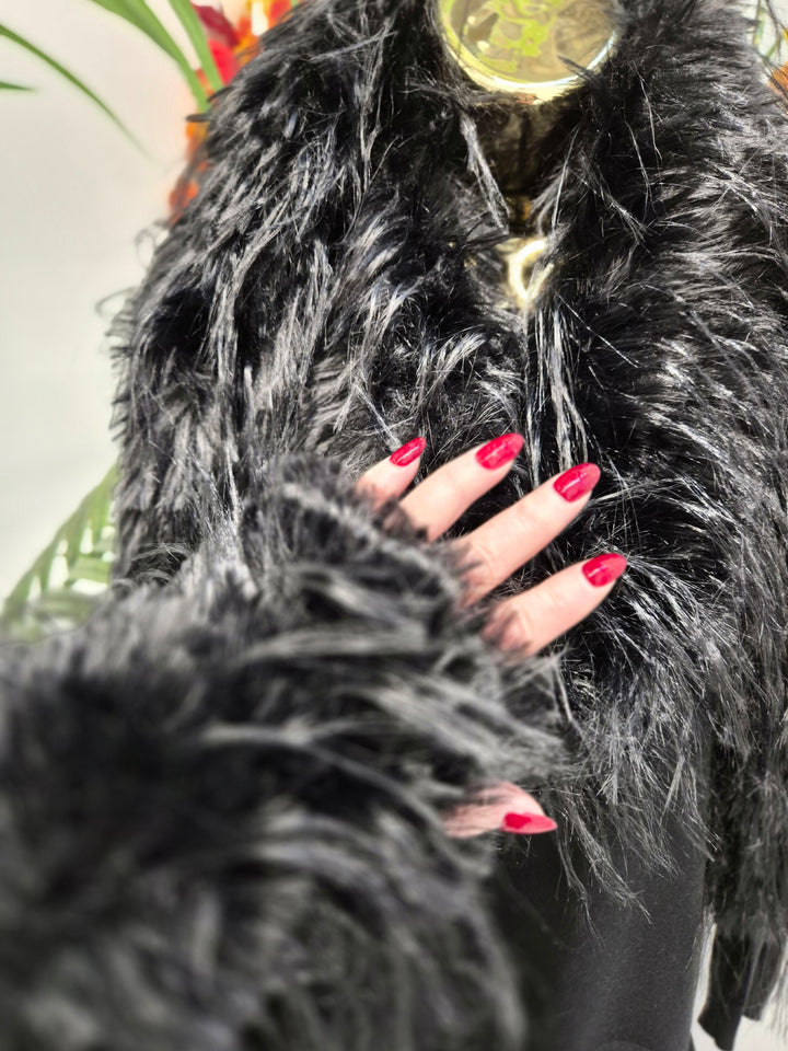 Oslo Faux Fur Shaggy Fingerless Gloves/Cuffs - Jet Black