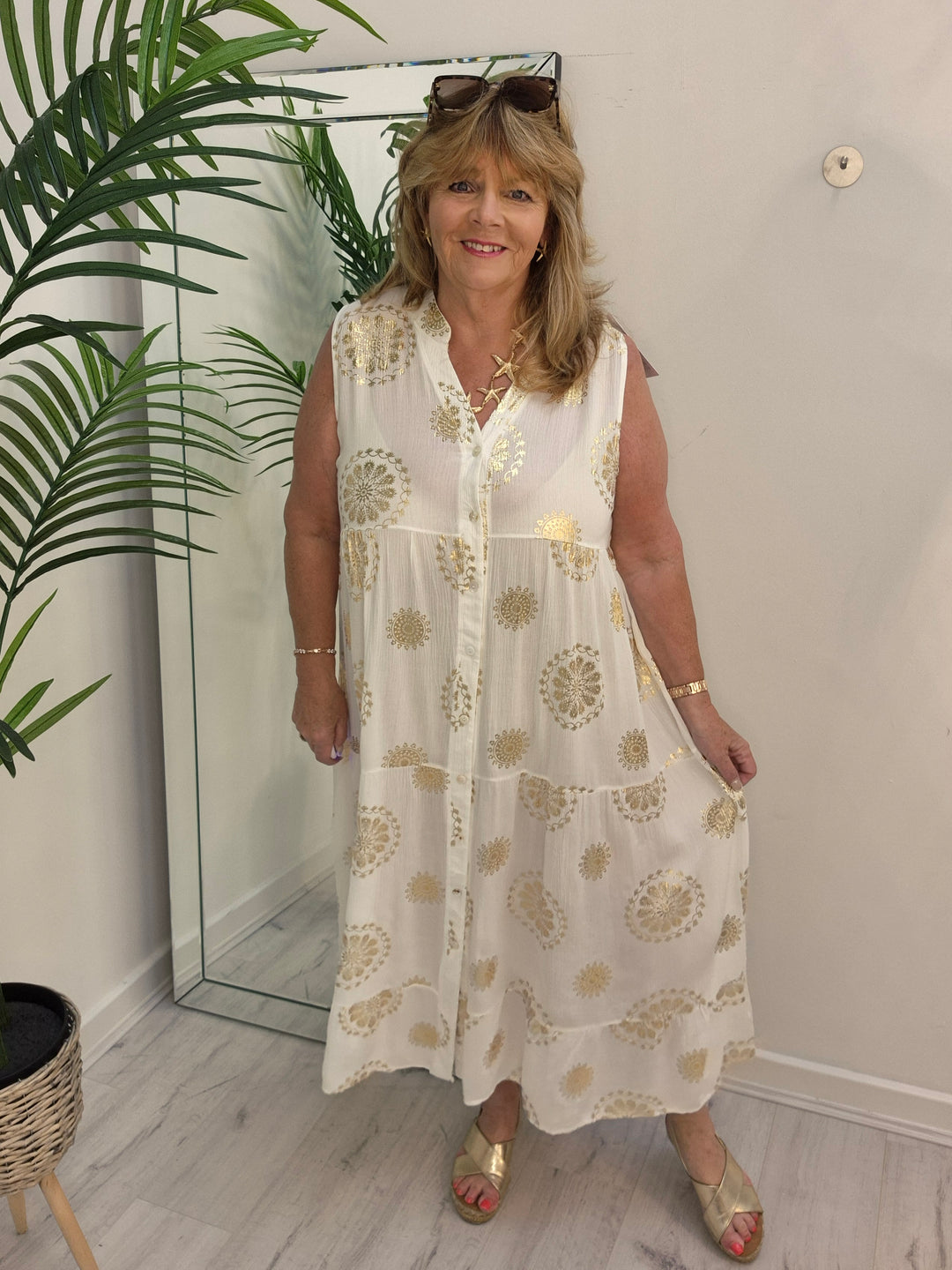 Ibiza Floral Midi Sleeveless Dress - White/Gold - (Loose Fit)
