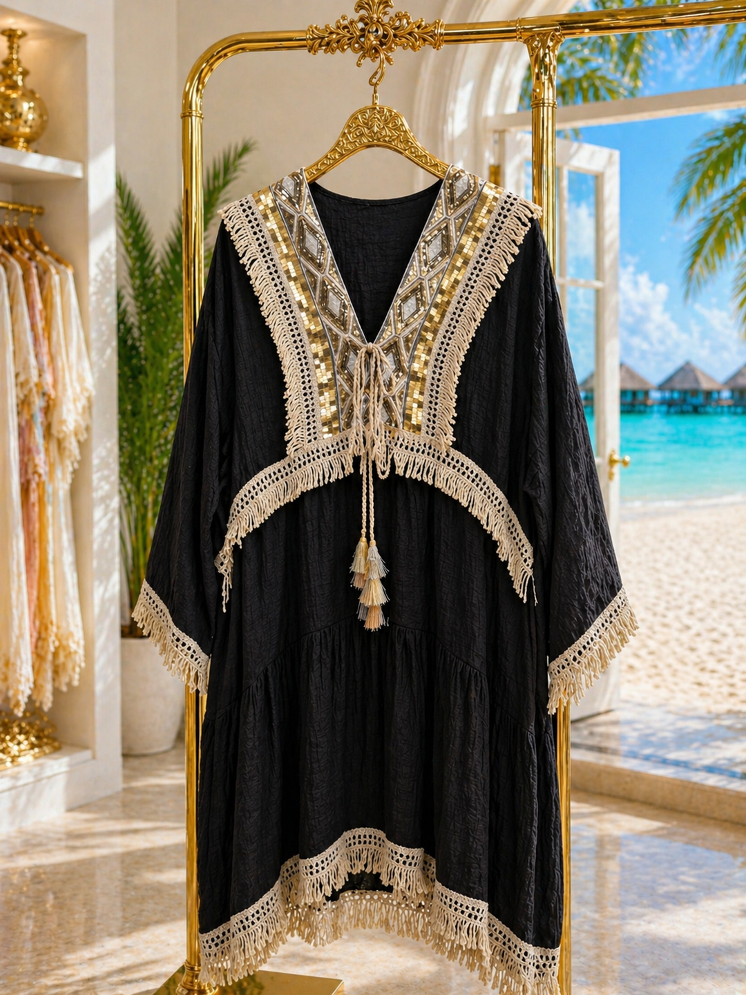 Marbella Beach Dress - One Size/Curvy - fits 14 up to Size 20) - Black/Gold