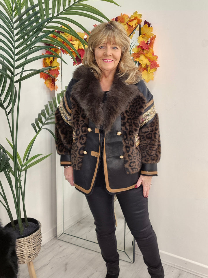 Oslo Faux Fur/Faux Leather Jacket - Chocolate Leopard - (Oversized fits Size 14 to Size 16/18)