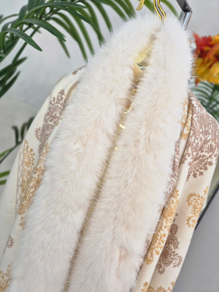 Oslo Faux Fur Shawl/Wrap - Winter White/Gold (Oversized)
