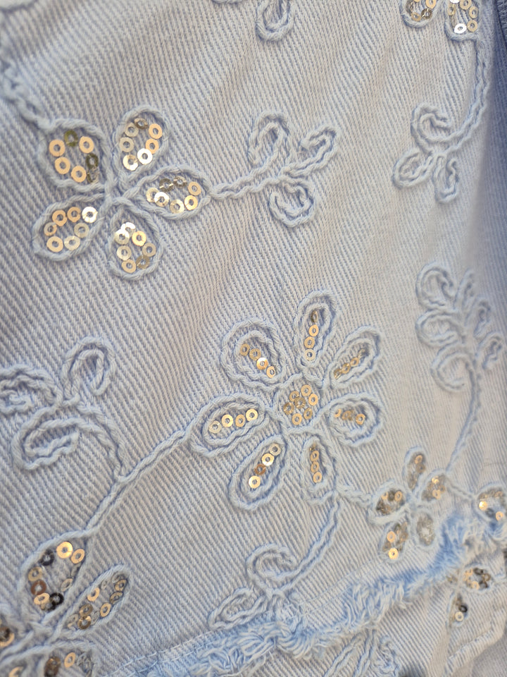 Dana Floral Sparkly Denim Shacket - Powder Blue (One Size/Curvy, fitting from Size 10/12 up to Size 18)