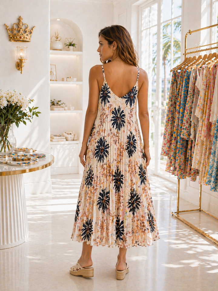 Saffi Pleated Midi Strappy Dress - One Size, fits Size 10 to Size 16) - Natural Multi