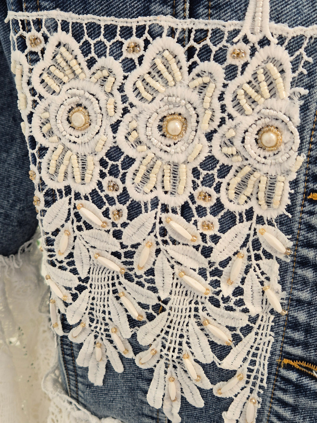 Elle Lace Tassel Denim Jacket - Mid Stonewashed (One Size, fitting from Size 10 up to 14)