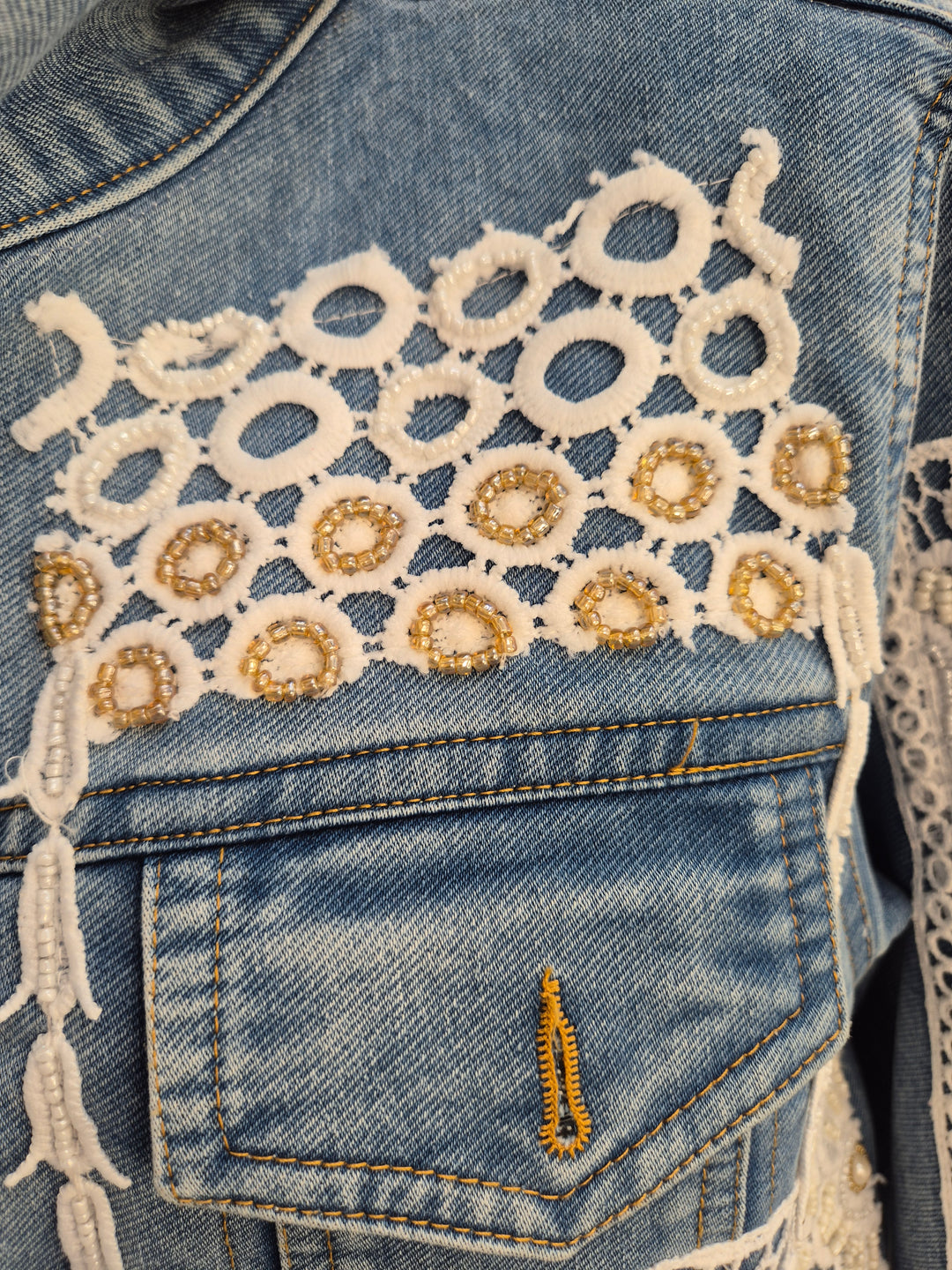 Elle Lace Tassel Denim Jacket - Light/Mid Stonewashed (One Size, fitting from Size 10 up to 14)