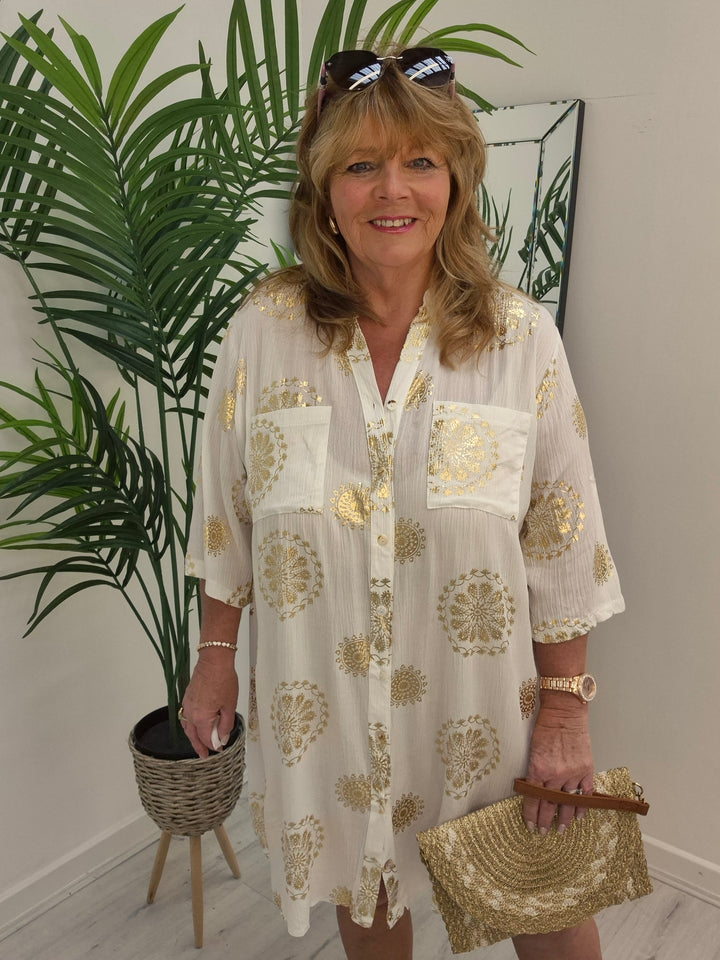 Ibiza Florals Shirt Dress - (Loose Fit) - White/Gold