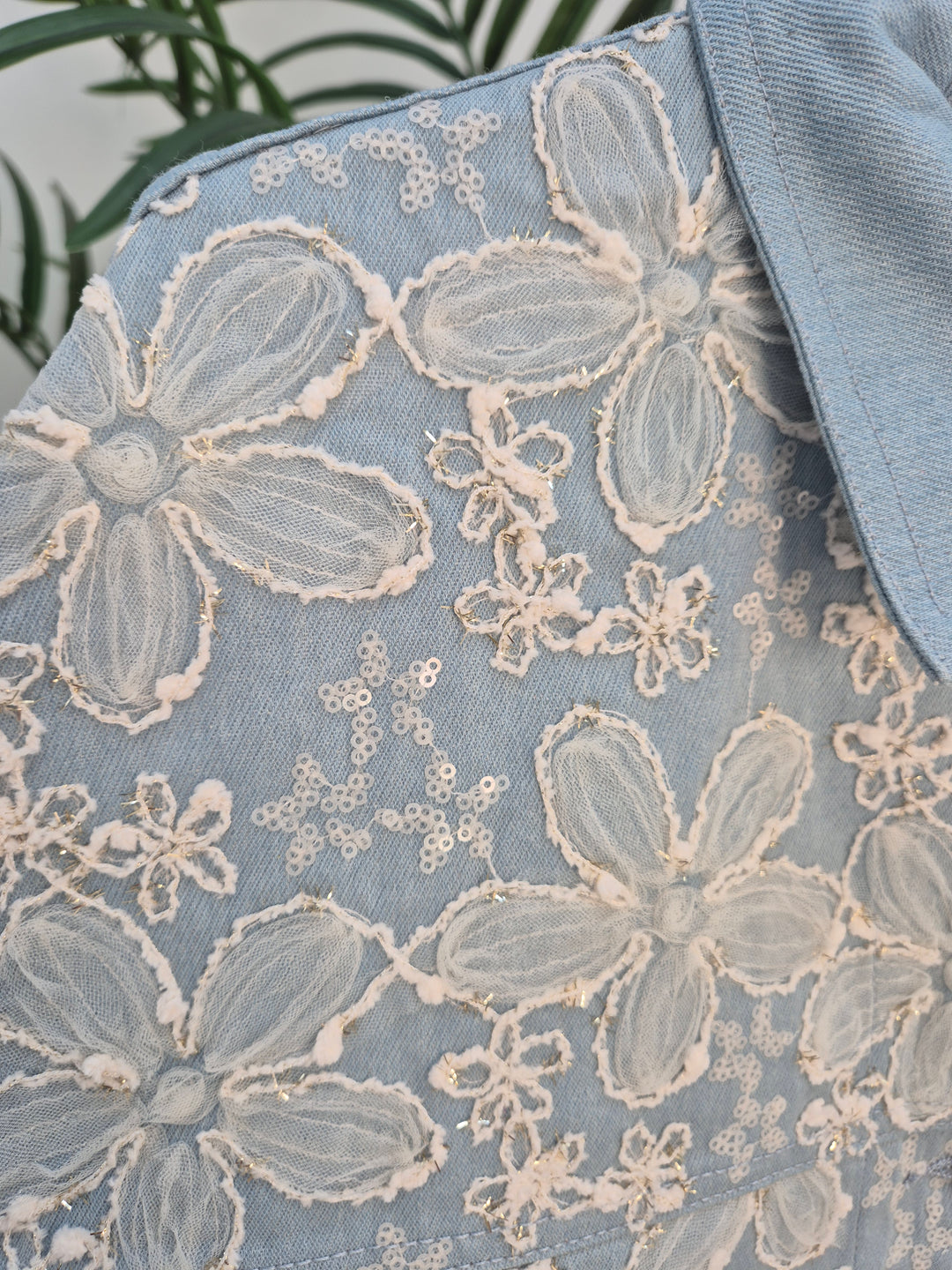 Darcy Denim Jacket - Applique Florals/Gold Metallic (One Size/Curvy, fitting from Size 14 up to 18)