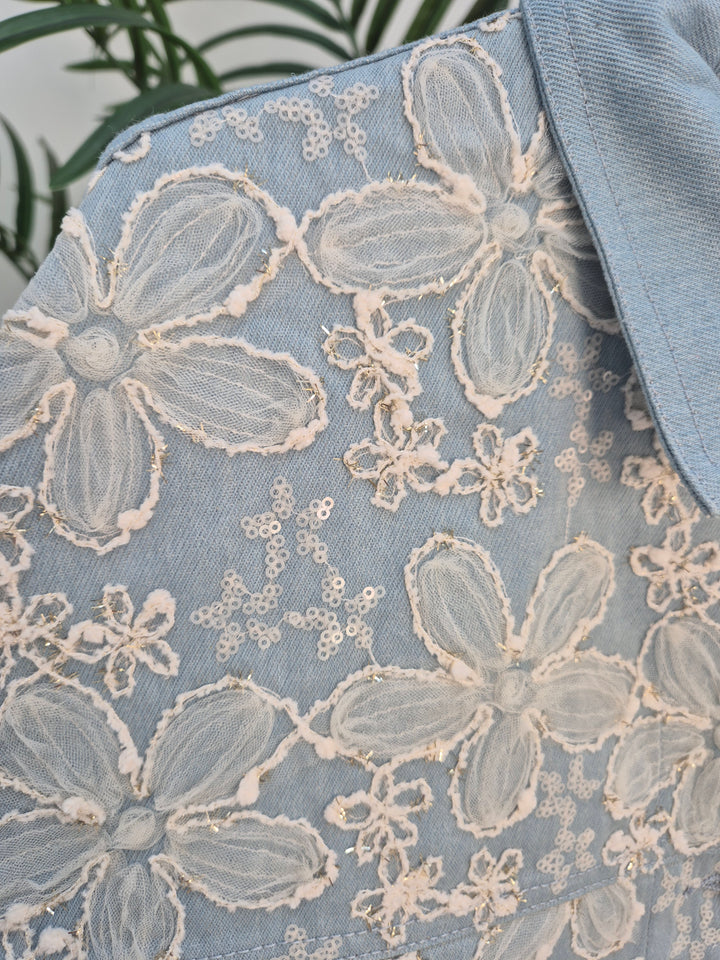 Darcy Denim Jacket - Applique Florals/Gold Metallic (One Size/Curvy, fitting from Size 14 up to 18)