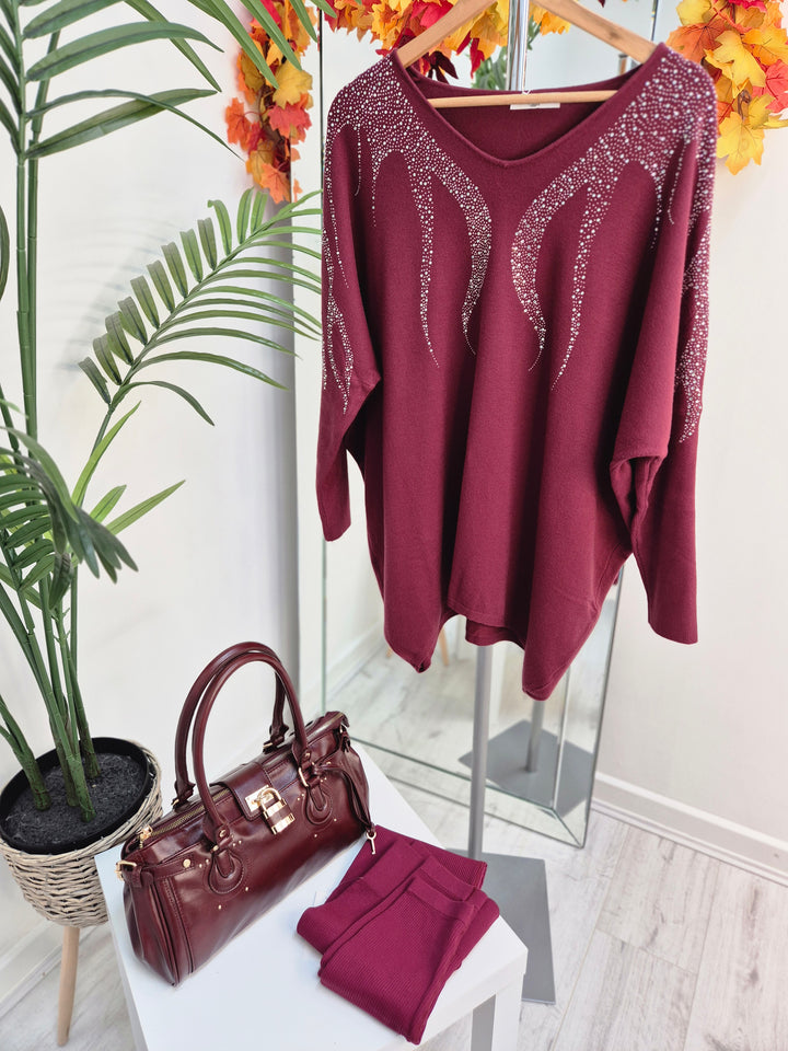 Sasha Sparkle Oversized Jumper - Wine (fitting from Size 14 up to Size 20)