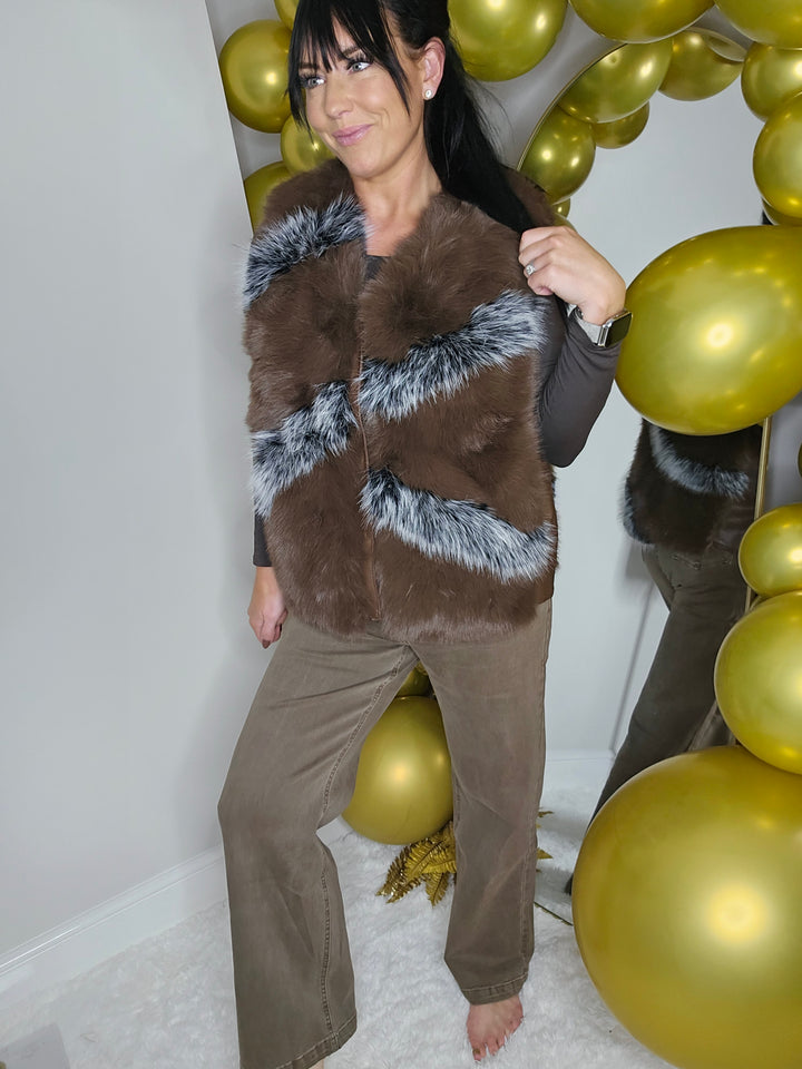 Oslo Faux Fur Two Tone Gilet with Crystal Fastenings - Chocolate (One Size - fits up to Size 10 up to Size 16)