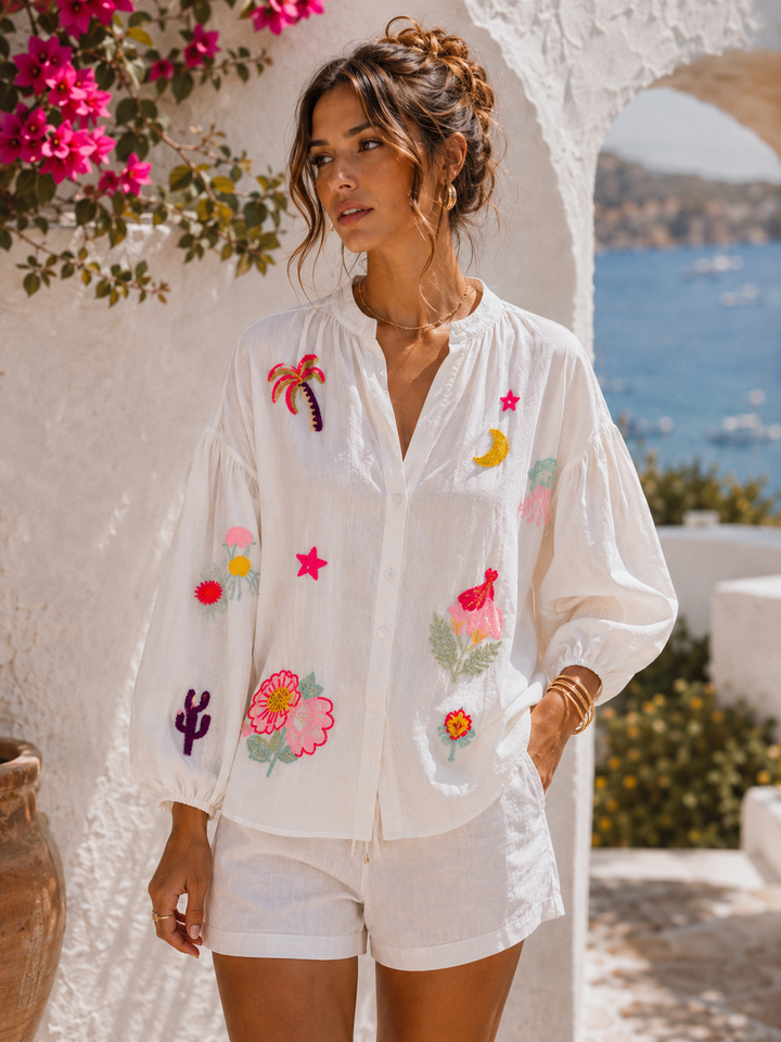 Sicily Embroidered Blouse - (One Size, fits up to Size 18) - White