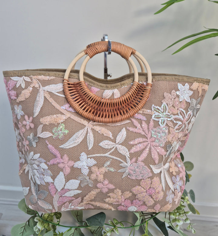 Floral Sequins Bamboo Summer Bag - Pink