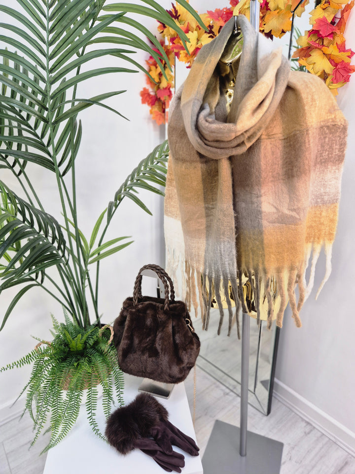 Checked Scarf with Fringing - Chocolate Multi