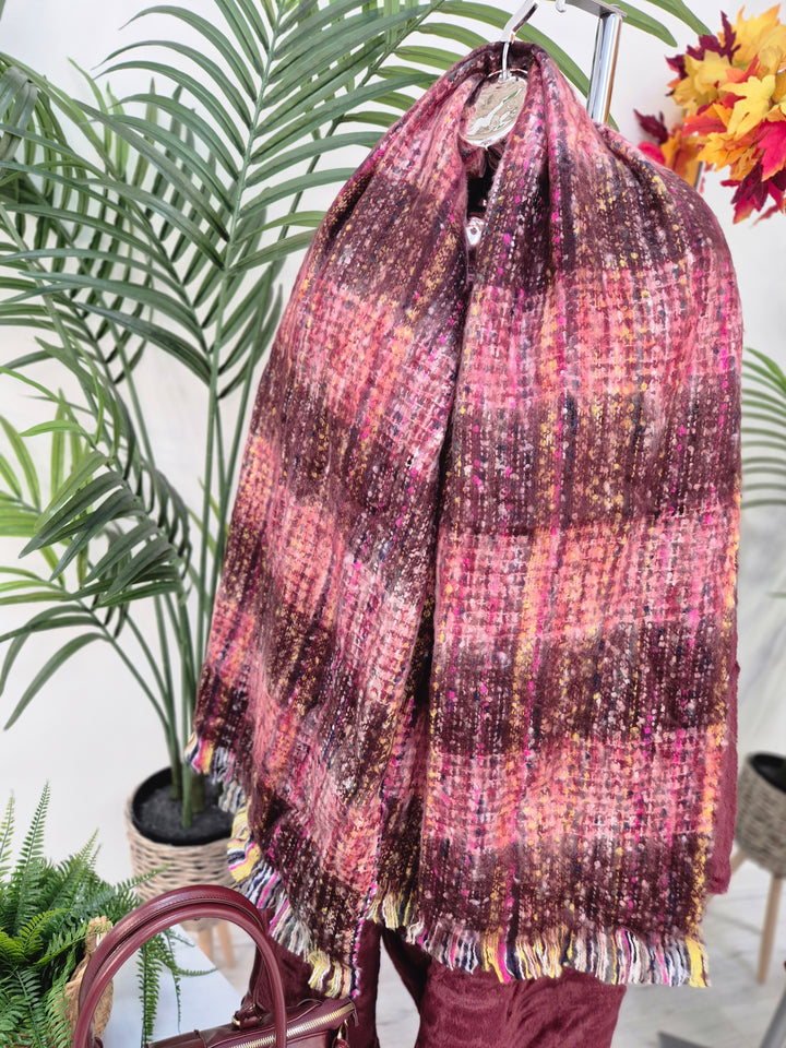 Cosy Brushed & Fluffy Scarf - Wine Multi