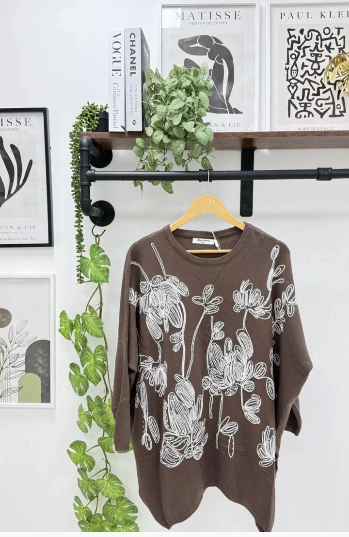 Eva Embroidered Sparkle Jumper - Chocolate (fitting from Size 14 up to Size 18/20)