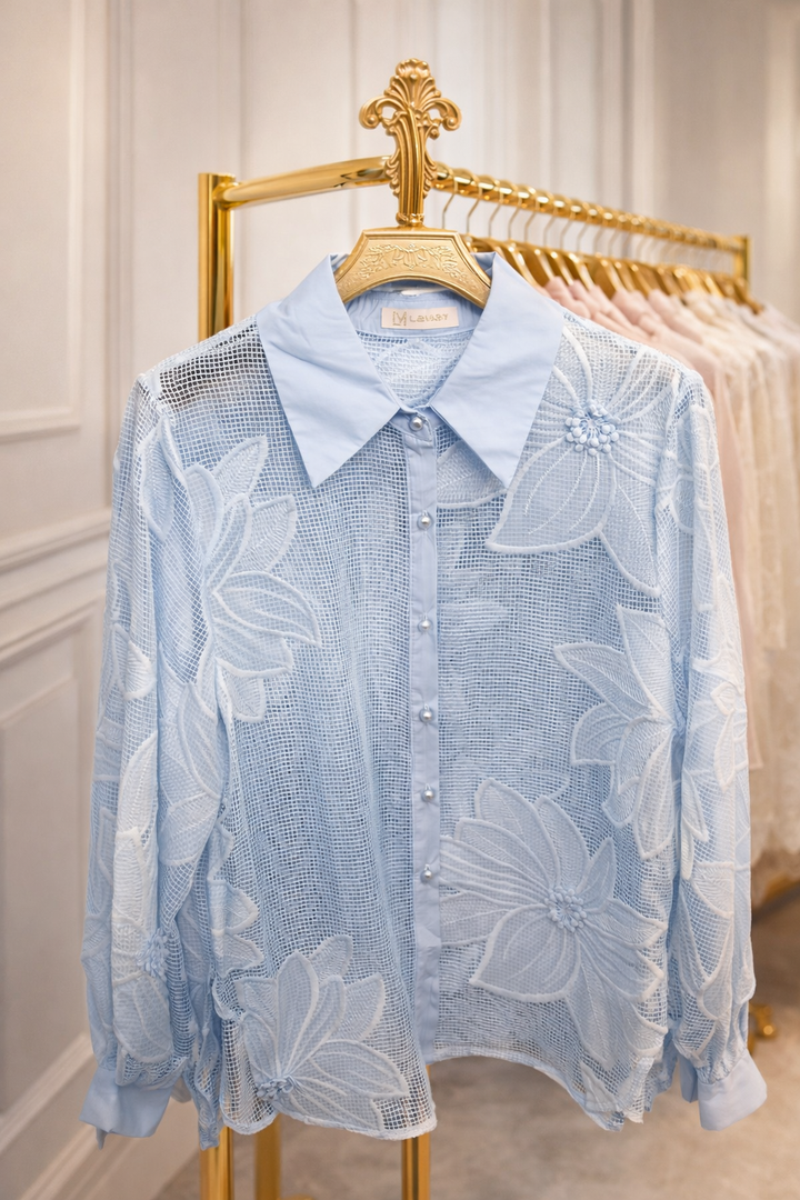 Macy Mesh Floral Applique Blouse - Blue (One Size - fits from Size 8 up to Size 14)