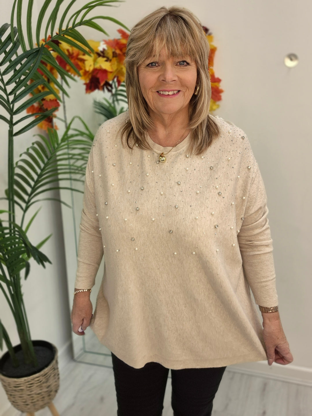Angie Pearl & Crystal Fine Knit Oversized Jumper - Beige (One Size/Curvy - fitting from Size 14/16 up to Size 20)