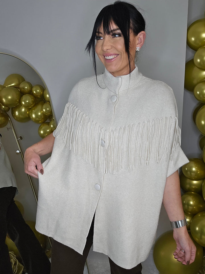 Broadway Fringed Cosy Knit Jacket - Cream - (Oversized - fits Size 14 to Size 18/20