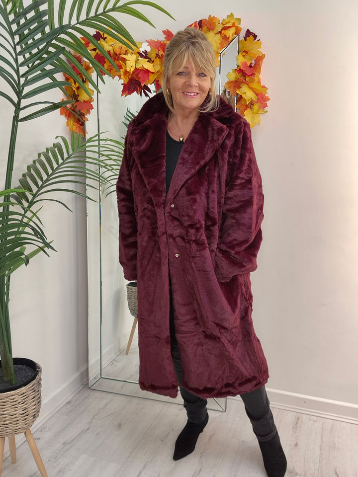 Oslo Faux Fur Longline Coat - Wine (choose your Size)