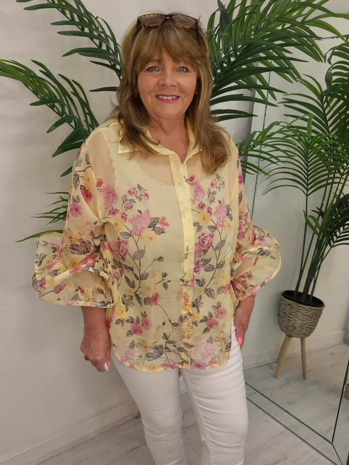 Alba Floral Chiffon Double Fluted Sleeve Blouse - (choose your Colour) - (Oversized)