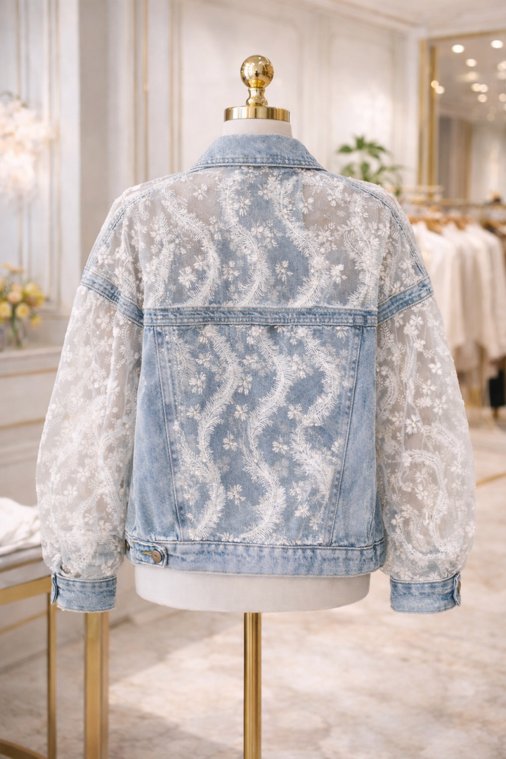 Angelina Denim Jacket with Sequins, Embroidered Feathers & Florals - (One Size - fitting Size 10 to Size 16)