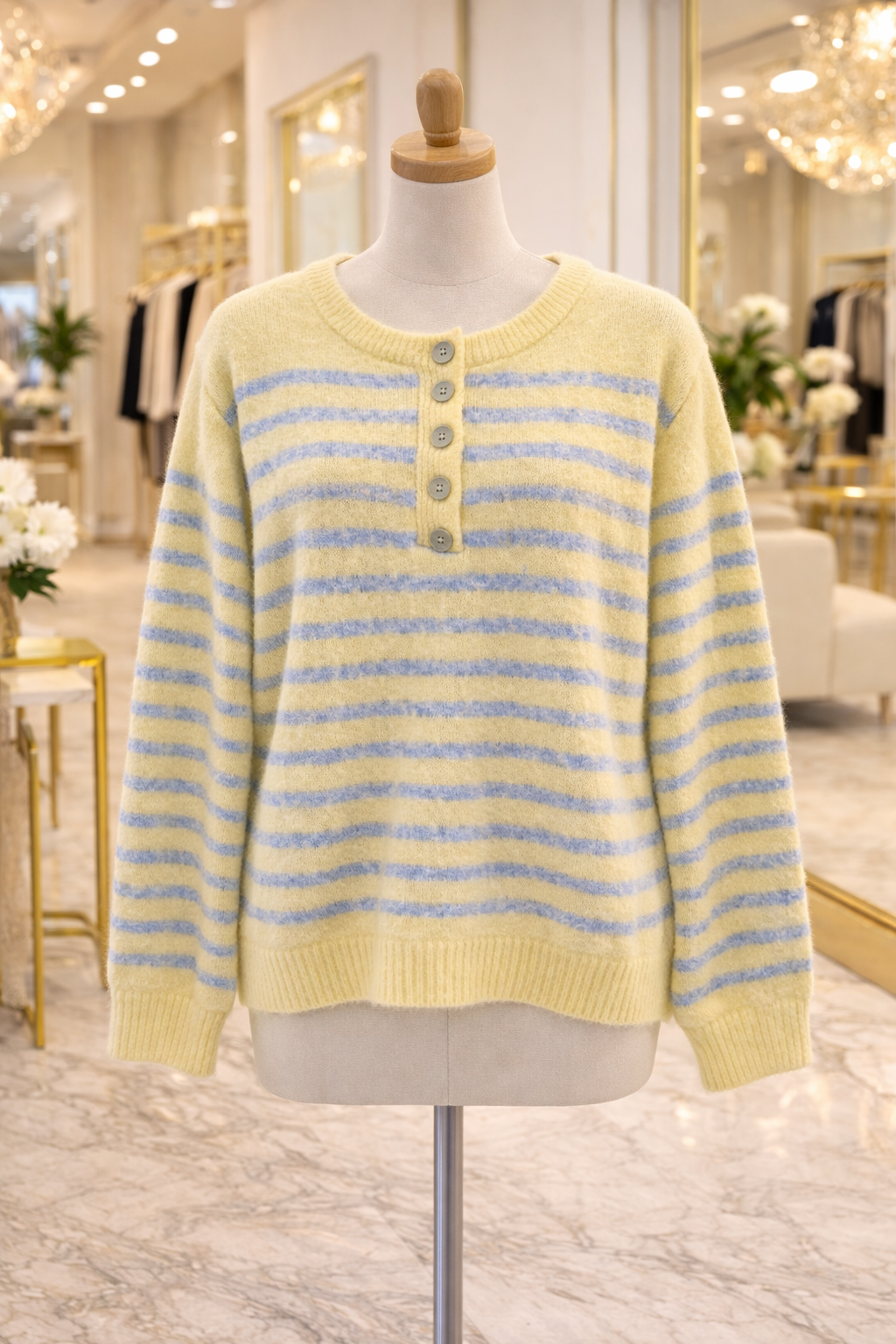 Candy Stripe Super Soft Button Jumper - Yellow/Blue (One Size - fitting from Size 10 to Size 16)