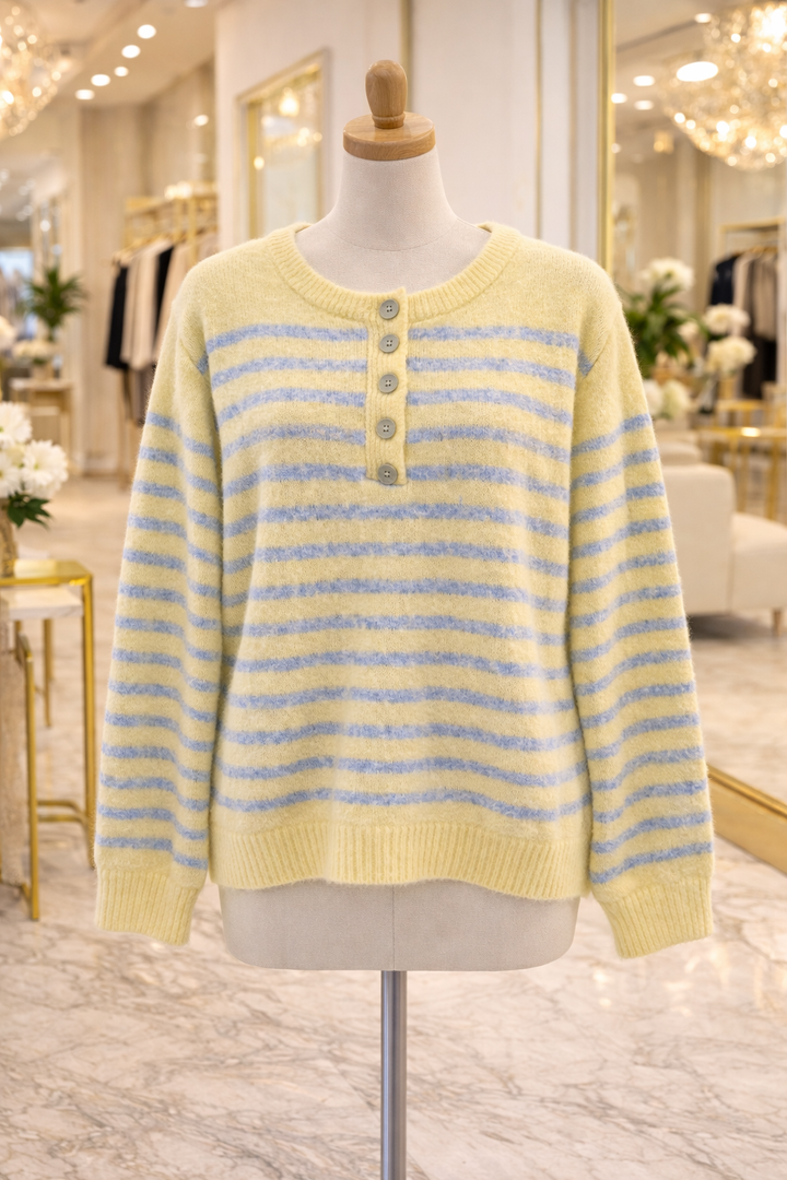 Candy Stripe Super Soft Button Jumper - Yellow/Blue (One Size - fitting from Size 10 to Size 16)